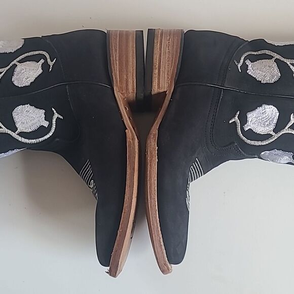 White Diamond Black Nubuck Leather White Flowers Square Toe Rodeo Boot Size 6.5 - Picture 8 of 16
